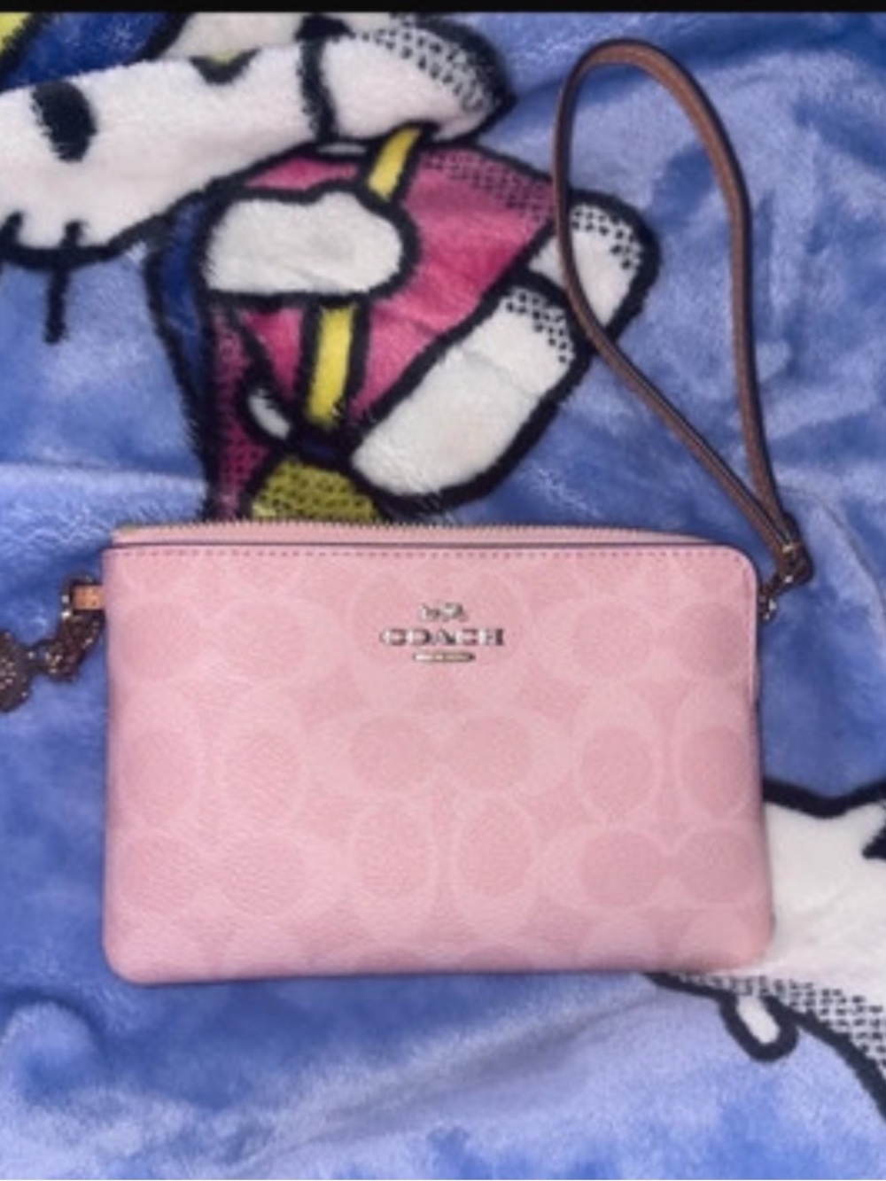 Coach Pink Signature Wristlet with Tan Strap